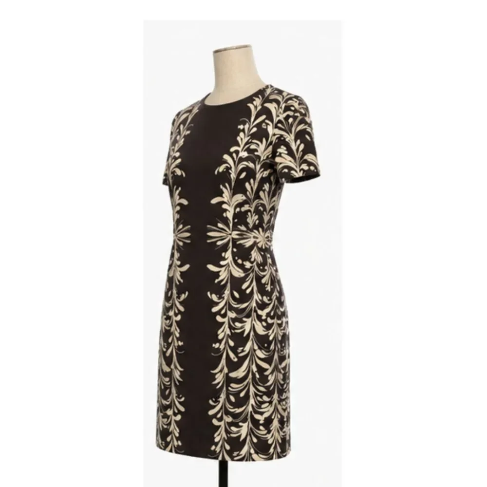 Tory Burch Printed Sheath Mini Dress XS Brown Ivory Short Sleeve Stretch